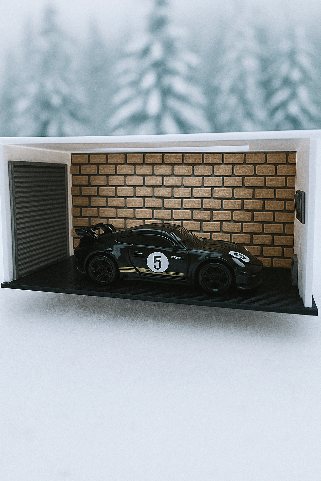 (PRINTTHAT) Garage Display with Brick Wall & Roll-Up Door (1:64 Hot Wheels Diorama)