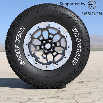 (Dirty_customs) Dodge Ram Offroad 18 inch 1/24th scale Rims with Goodyear Wrangler AT Tires – 1/24 Scale Resin Set