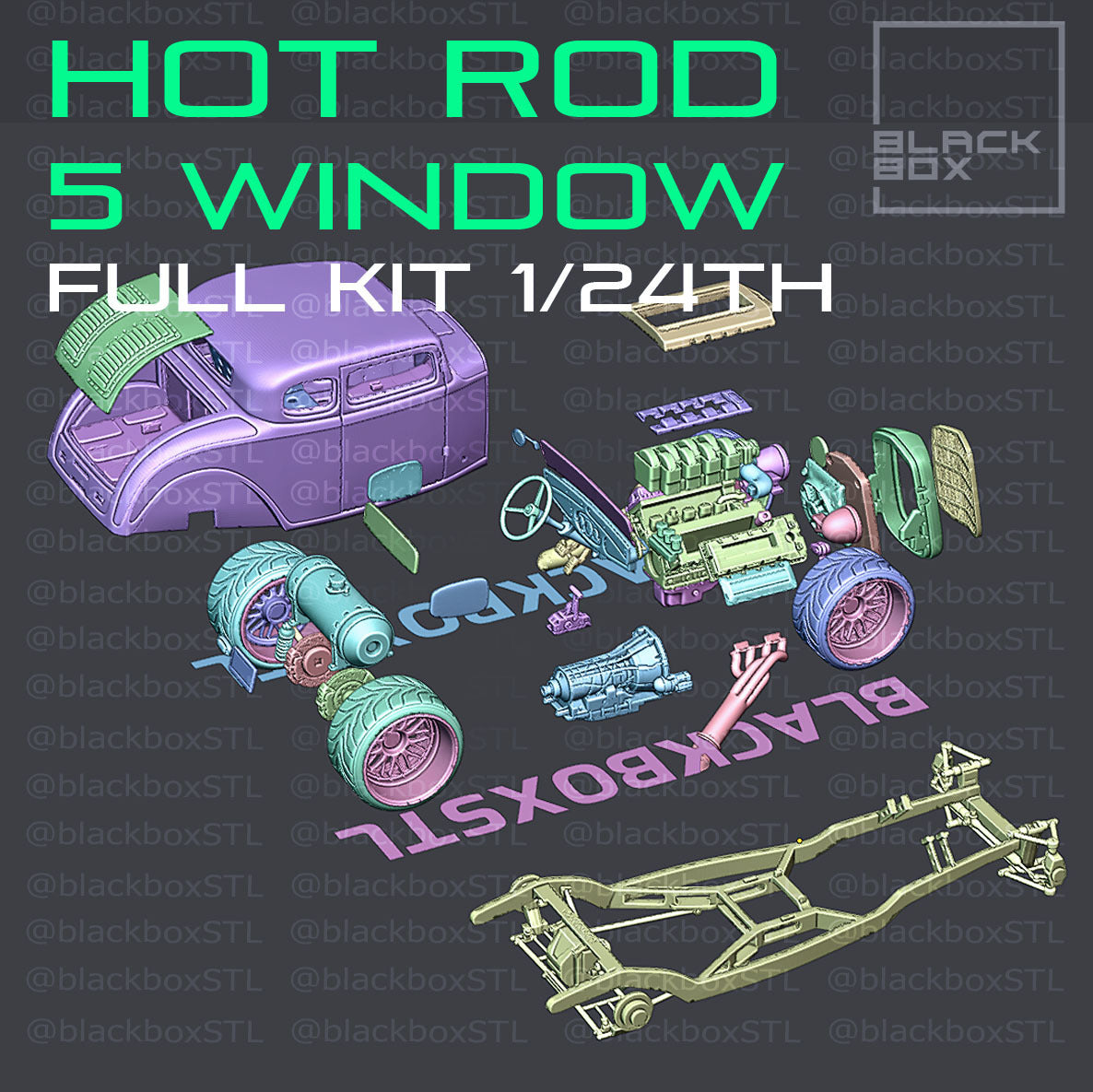 (BlackBoxSTL) Hot Rod 5 Window Full Modelkit – 1/24 Scale Resin Print